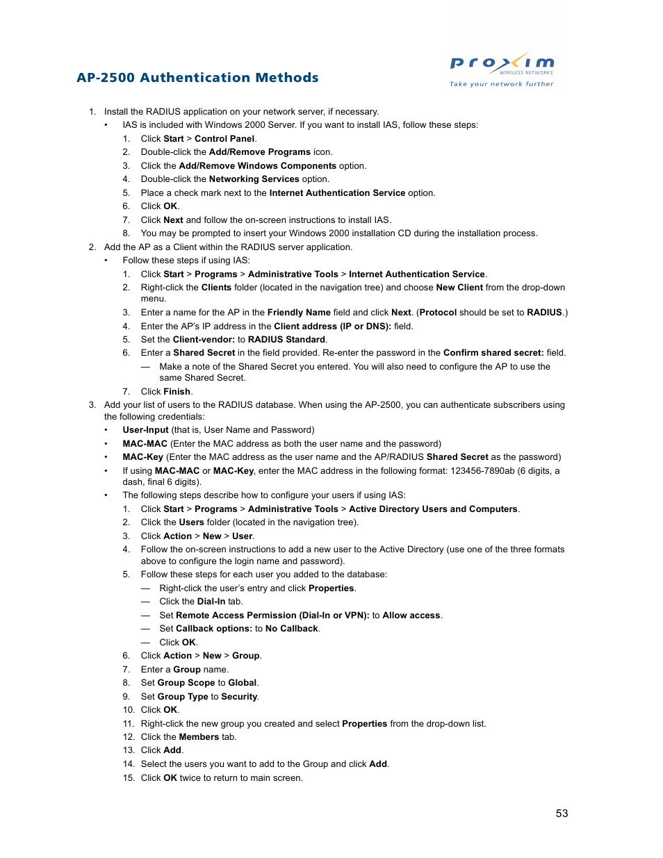 Ap-2500 authentication methods | Proxim ORiNOCO AP-2500 User Manual | Page 53 / 250