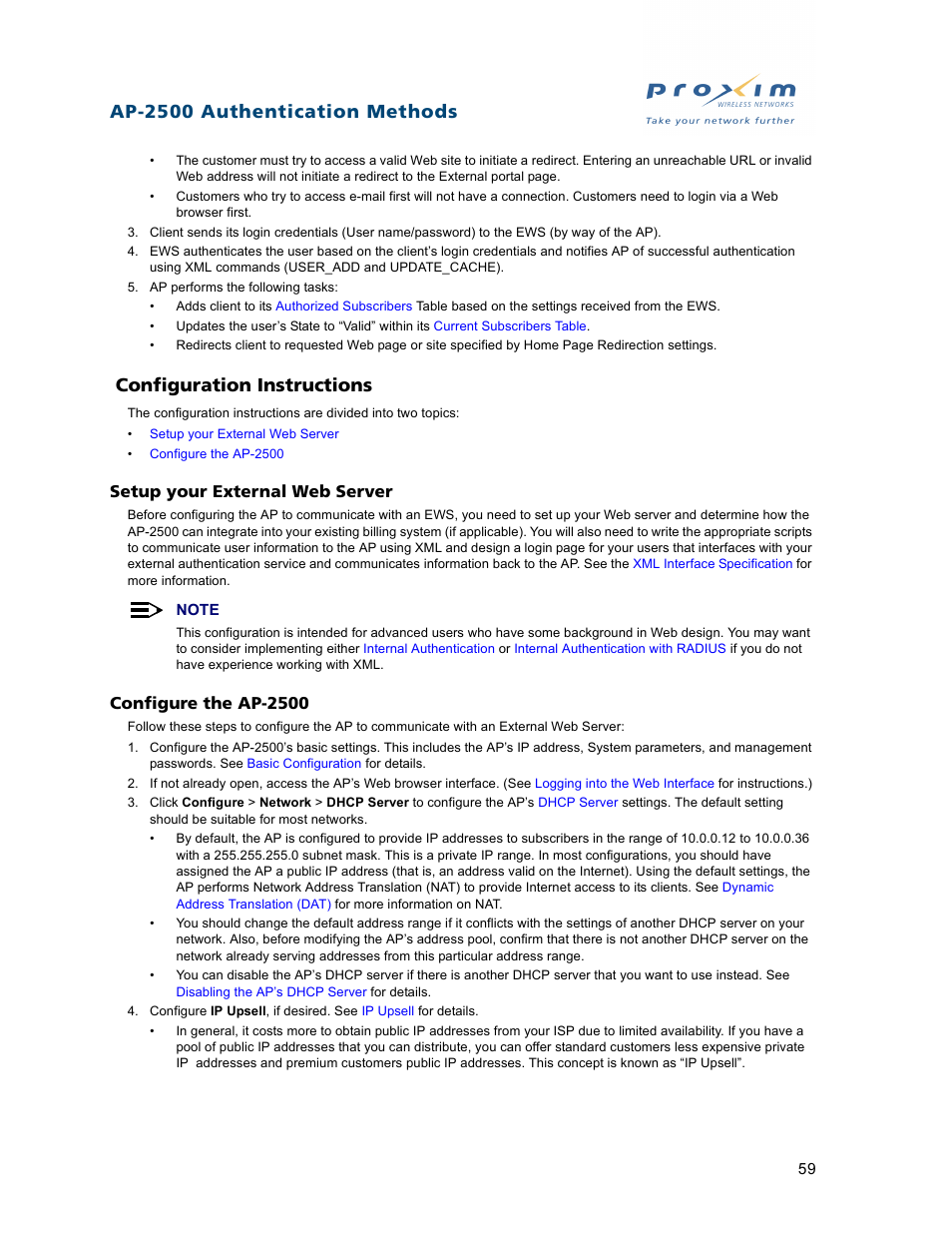 Configuration instructions, Ap-2500 authentication methods, Setup your external web server | Configure the ap-2500 | Proxim ORiNOCO AP-2500 User Manual | Page 59 / 250