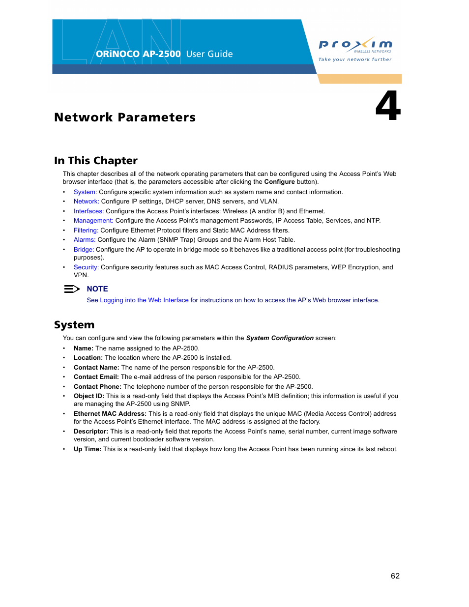 Network parameters, System, 4 network parameters | Proxim ORiNOCO AP-2500 User Manual | Page 62 / 250