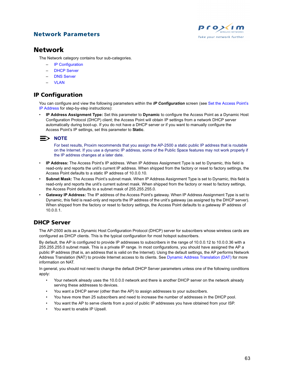 Network, Ip configuration, Dhcp server | Ip configuration dhcp server, Network parameters | Proxim ORiNOCO AP-2500 User Manual | Page 63 / 250