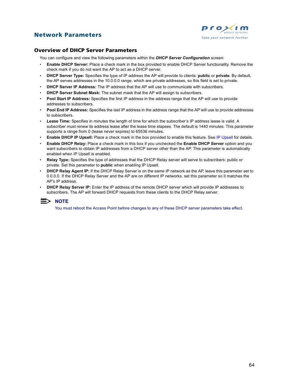 Overview of dhcp server parameters, Network parameters | Proxim ORiNOCO AP-2500 User Manual | Page 64 / 250