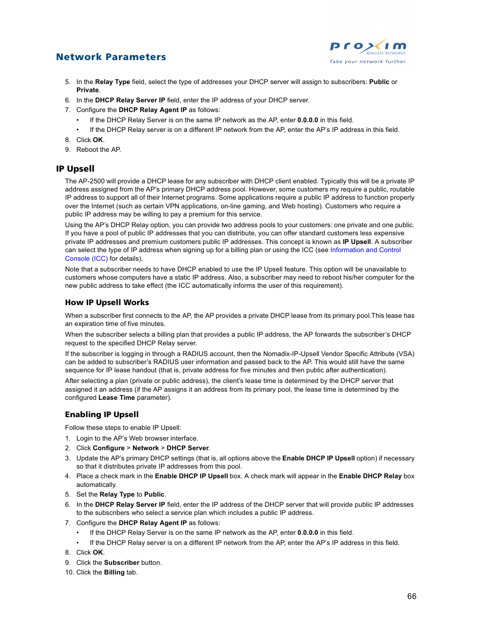Ip upsell, Network parameters | Proxim ORiNOCO AP-2500 User Manual | Page 66 / 250