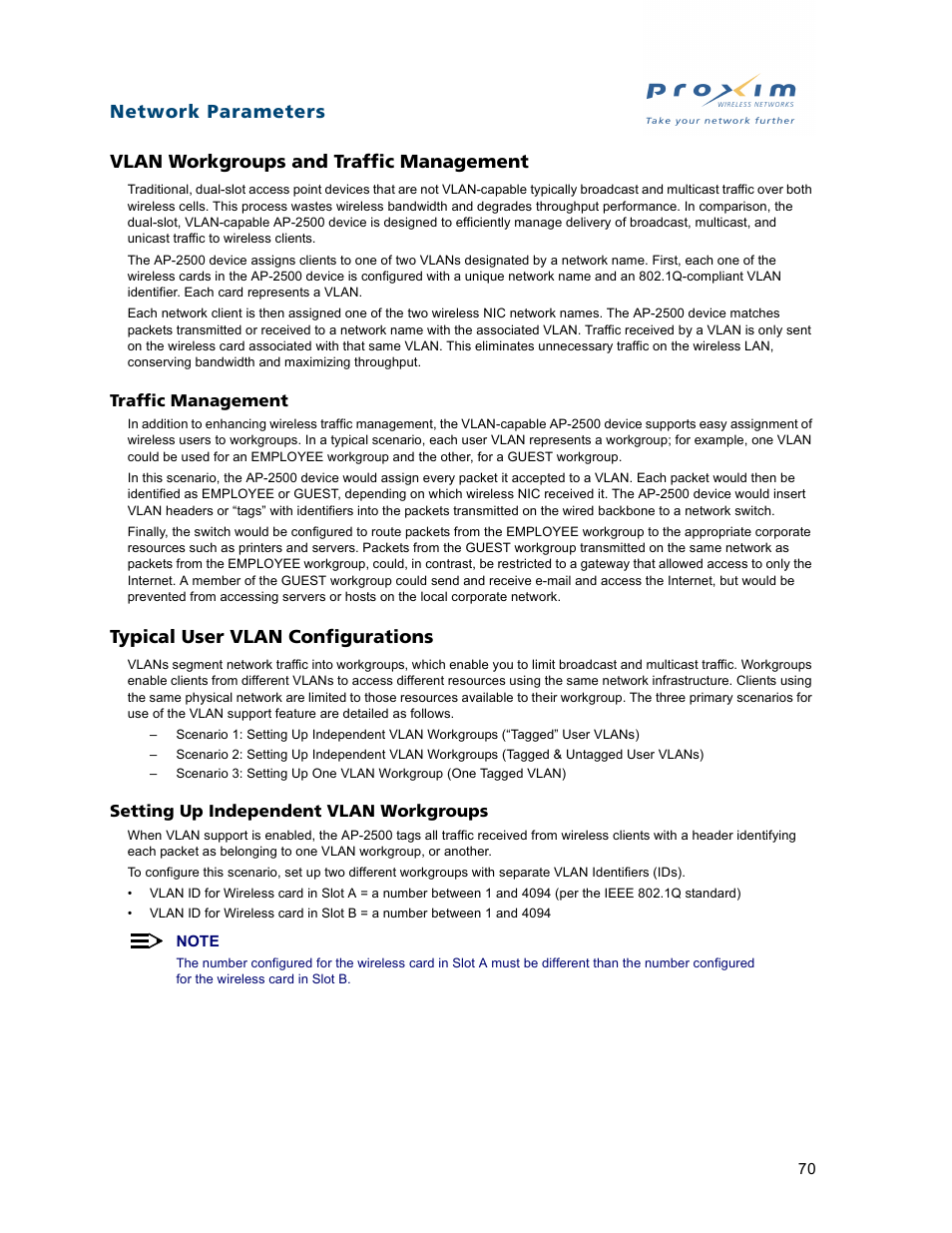 Vlan workgroups and traffic management, Typical user vlan configurations, Traffic management | Setting up independent vlan workgroups | Proxim ORiNOCO AP-2500 User Manual | Page 70 / 250