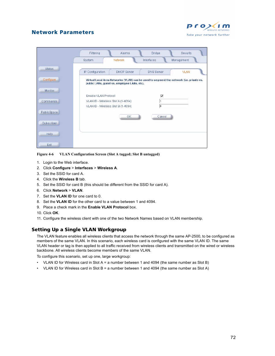 Setting up a single vlan workgroup, Network parameters | Proxim ORiNOCO AP-2500 User Manual | Page 72 / 250