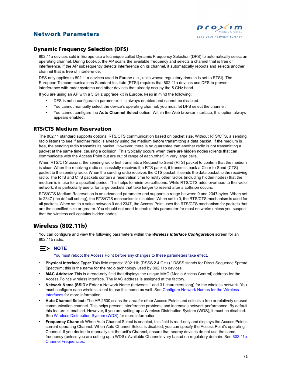 Wireless (802.11b), Dynamic frequency selection (dfs), Rts/cts medium reservation | Network parameters | Proxim ORiNOCO AP-2500 User Manual | Page 75 / 250