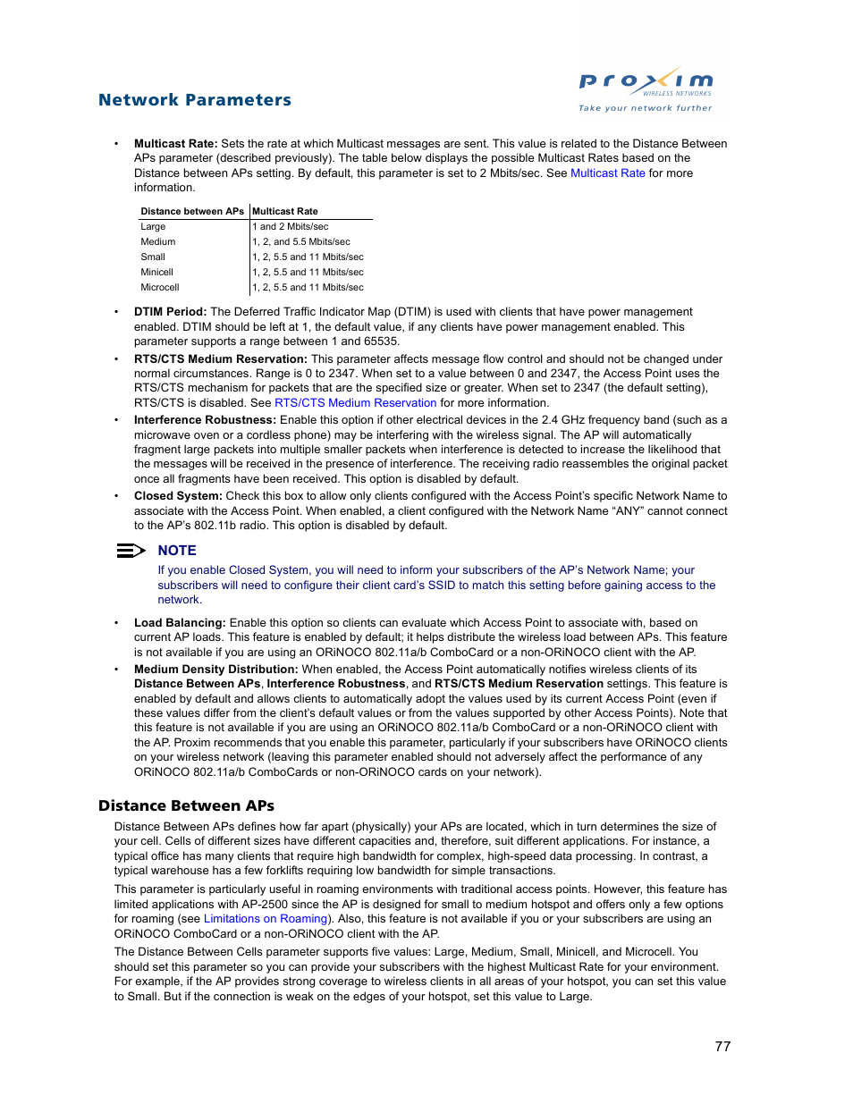 Distance between aps, Network parameters | Proxim ORiNOCO AP-2500 User Manual | Page 77 / 250