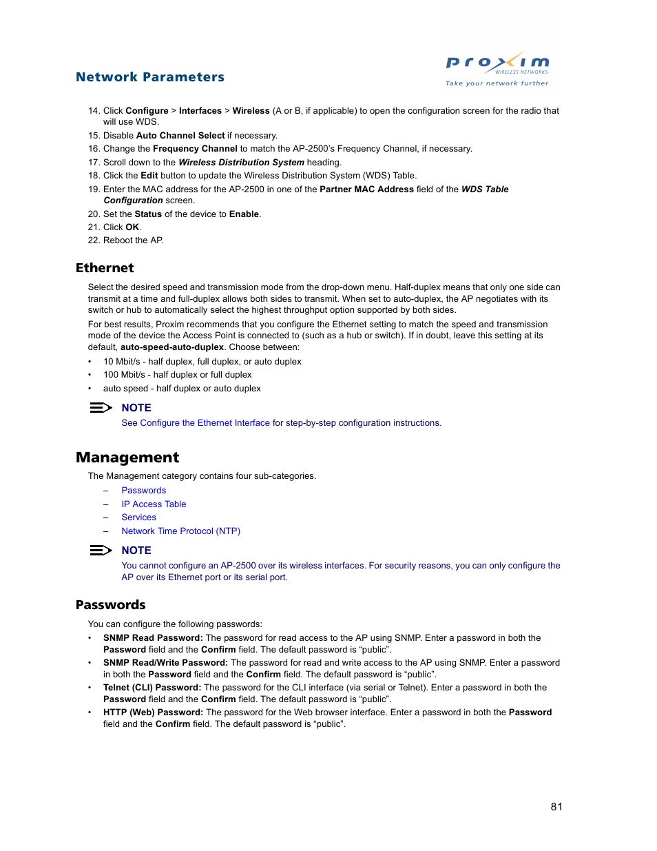 Ethernet, Management, Passwords | Network parameters | Proxim ORiNOCO AP-2500 User Manual | Page 81 / 250