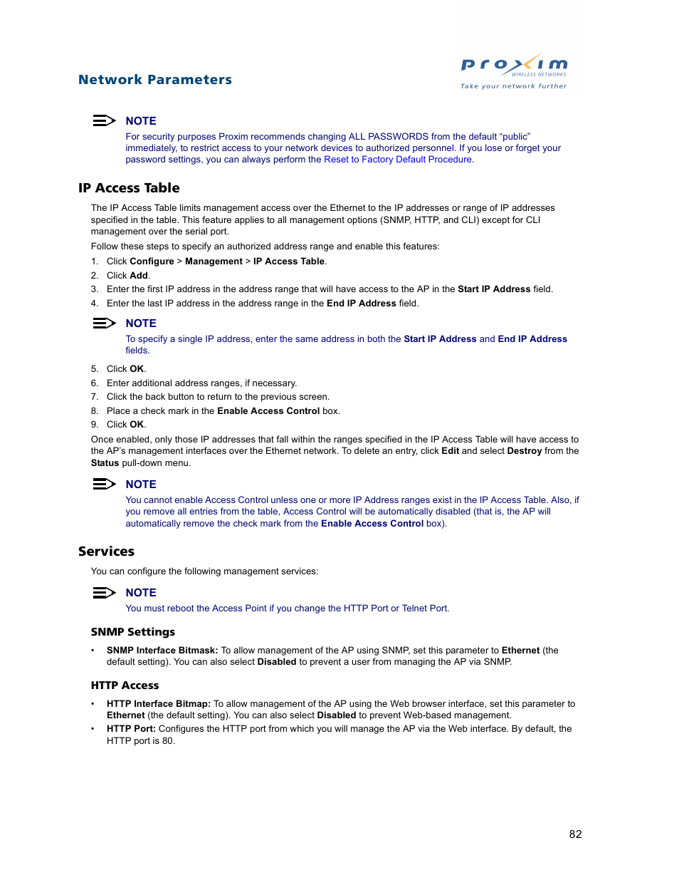 Ip access table, Services, Ip access table services | Network parameters | Proxim ORiNOCO AP-2500 User Manual | Page 82 / 250