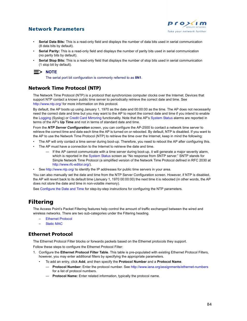 Network time protocol (ntp), Filtering, Ethernet protocol | Network parameters | Proxim ORiNOCO AP-2500 User Manual | Page 84 / 250