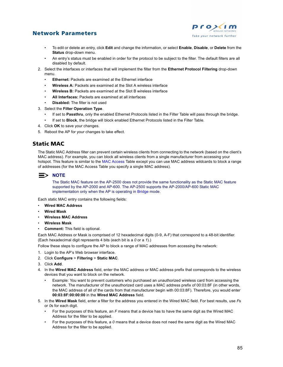 Static mac, Network parameters | Proxim ORiNOCO AP-2500 User Manual | Page 85 / 250