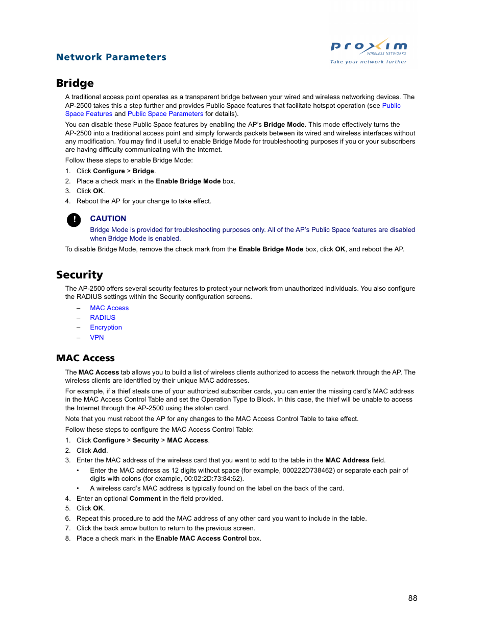 Bridge, Security, Mac access | Bridge security, Network parameters | Proxim ORiNOCO AP-2500 User Manual | Page 88 / 250