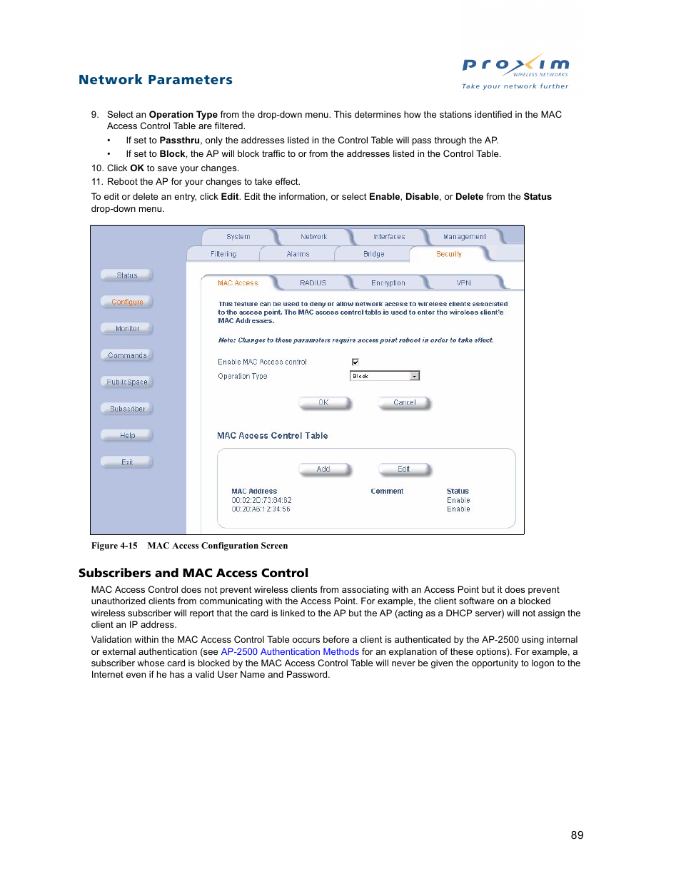 Subscribers and mac access control, Network parameters | Proxim ORiNOCO AP-2500 User Manual | Page 89 / 250