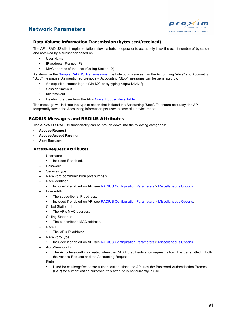 Radius messages and radius attributes, Network parameters | Proxim ORiNOCO AP-2500 User Manual | Page 91 / 250