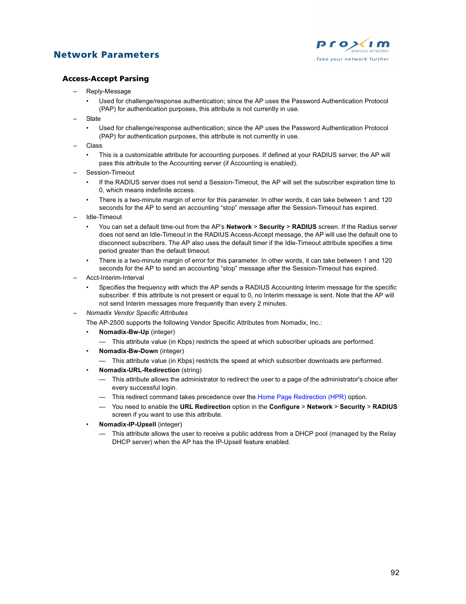 Network parameters | Proxim ORiNOCO AP-2500 User Manual | Page 92 / 250