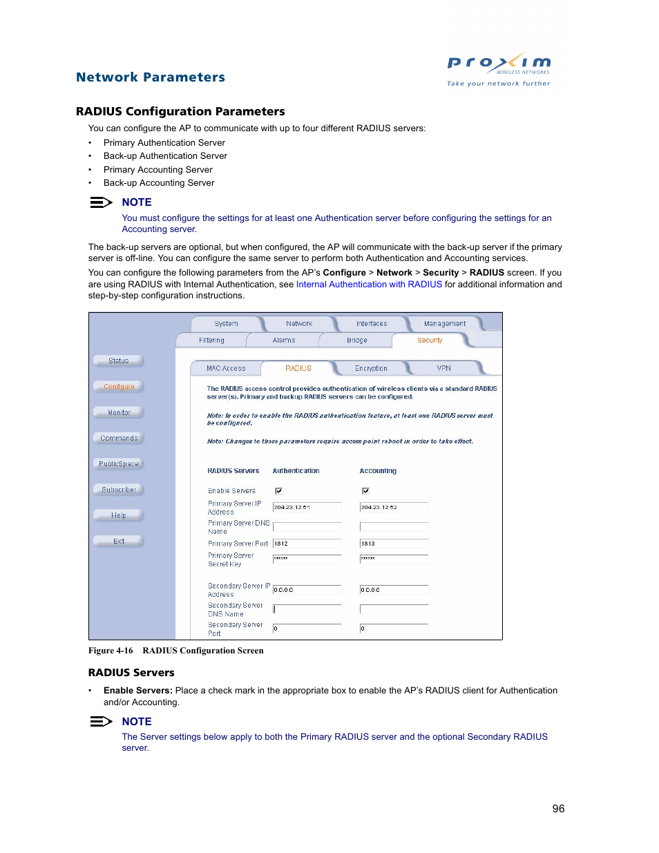 Radius configuration parameters, Network parameters | Proxim ORiNOCO AP-2500 User Manual | Page 96 / 250