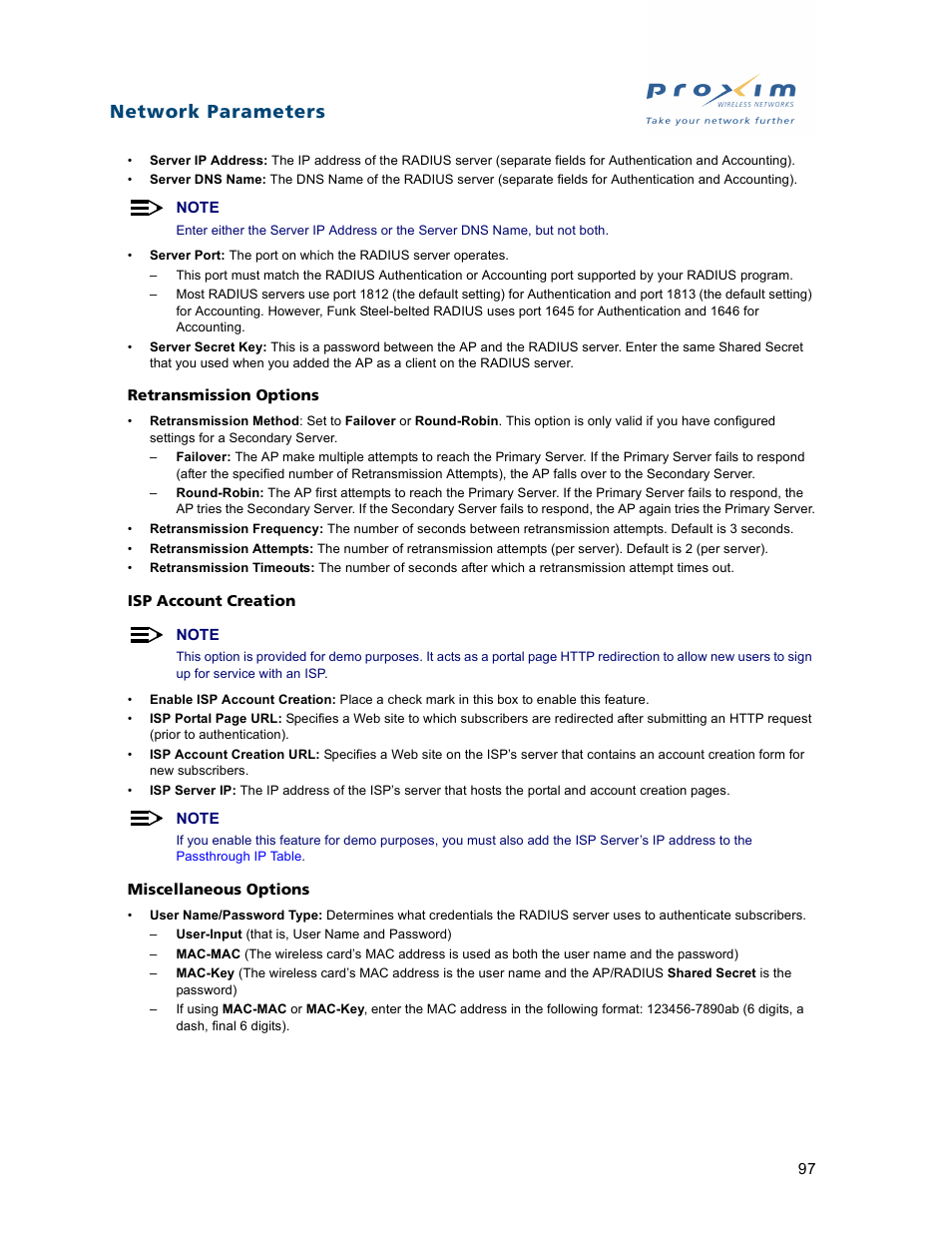 Miscellaneous options, Network parameters | Proxim ORiNOCO AP-2500 User Manual | Page 97 / 250