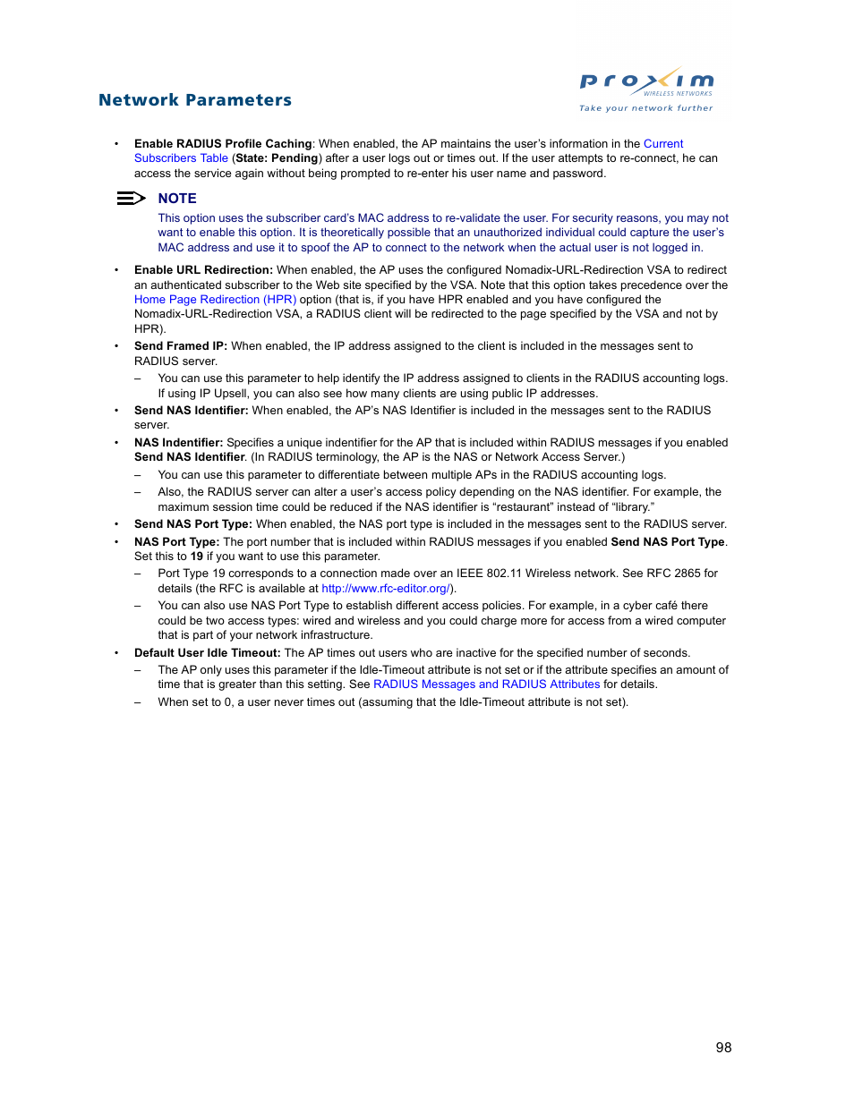 Network parameters | Proxim ORiNOCO AP-2500 User Manual | Page 98 / 250