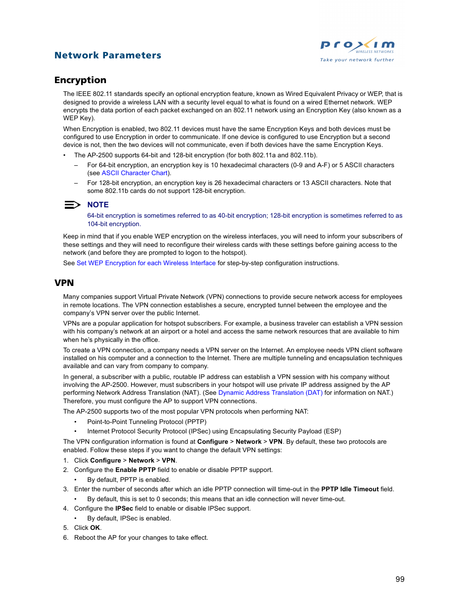 Encryption, Encryption vpn, Network parameters encryption | Proxim ORiNOCO AP-2500 User Manual | Page 99 / 250