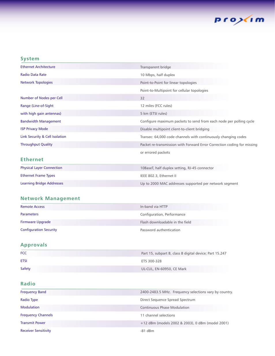 System, Ethernet, Network management | Approvals, Radio | Proxim Stratum User Manual | Page 3 / 4