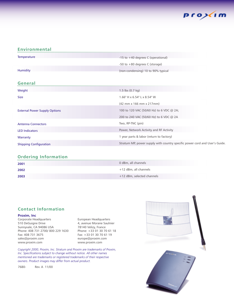 Contact information, Environmental, General | Ordering information | Proxim Stratum User Manual | Page 4 / 4