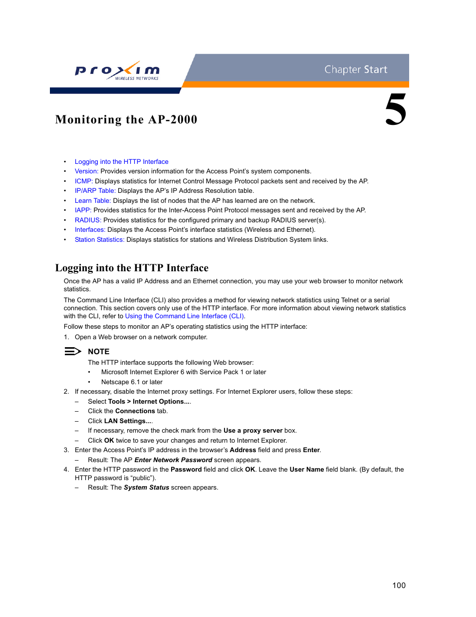 Monitoring the ap-2000, Logging into the http interface, 5 monitoring the ap-2000 | Proxim ORINOCO AP-2000 User Manual | Page 100 / 244