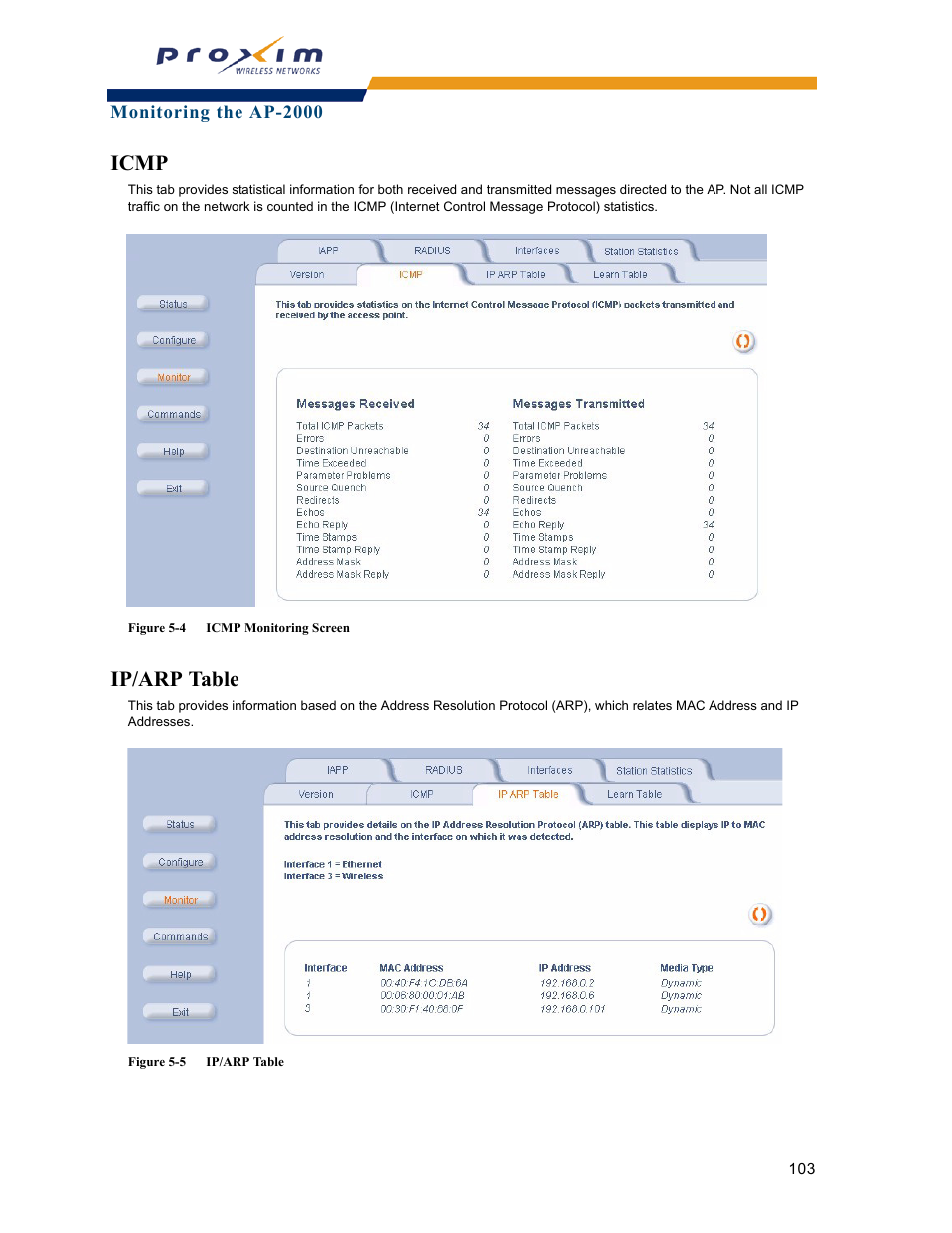 Icmp, Ip/arp table, Icmp ip/arp table | Proxim ORINOCO AP-2000 User Manual | Page 103 / 244