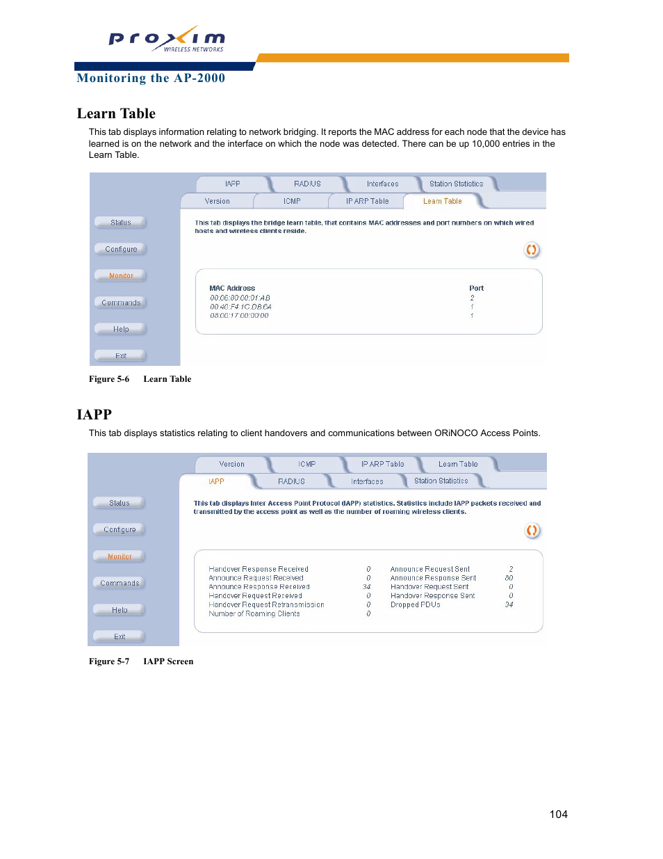 Learn table, Iapp, Learn table iapp | Proxim ORINOCO AP-2000 User Manual | Page 104 / 244