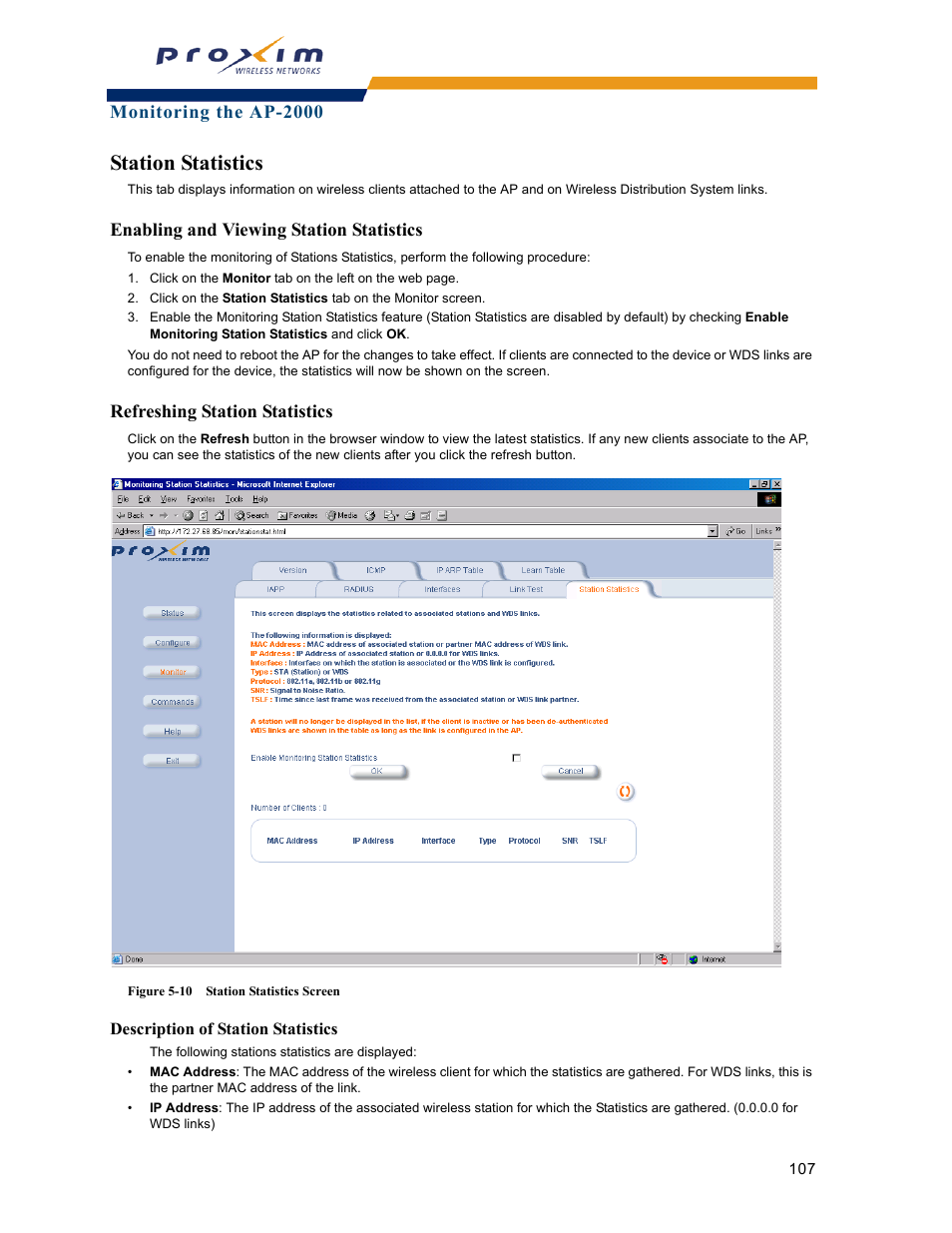 Station statistics, Enabling and viewing station statistics, Refreshing station statistics | Description of station statistics | Proxim ORINOCO AP-2000 User Manual | Page 107 / 244