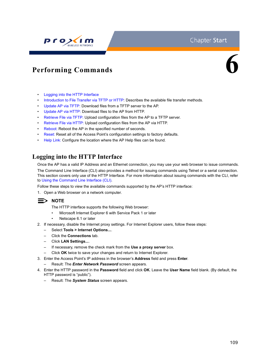 Performing commands, Logging into the http interface, 6 performing commands | Proxim ORINOCO AP-2000 User Manual | Page 109 / 244