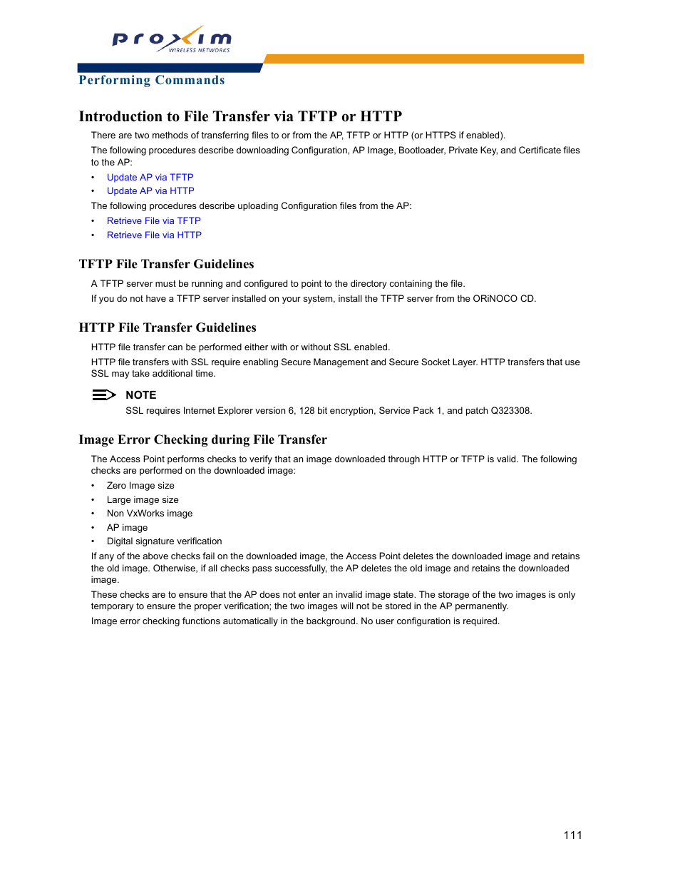 Introduction to file transfer via tftp or http, Tftp file transfer guidelines, Http file transfer guidelines | Image error checking during file transfer, Describ, Performing commands | Proxim ORINOCO AP-2000 User Manual | Page 111 / 244