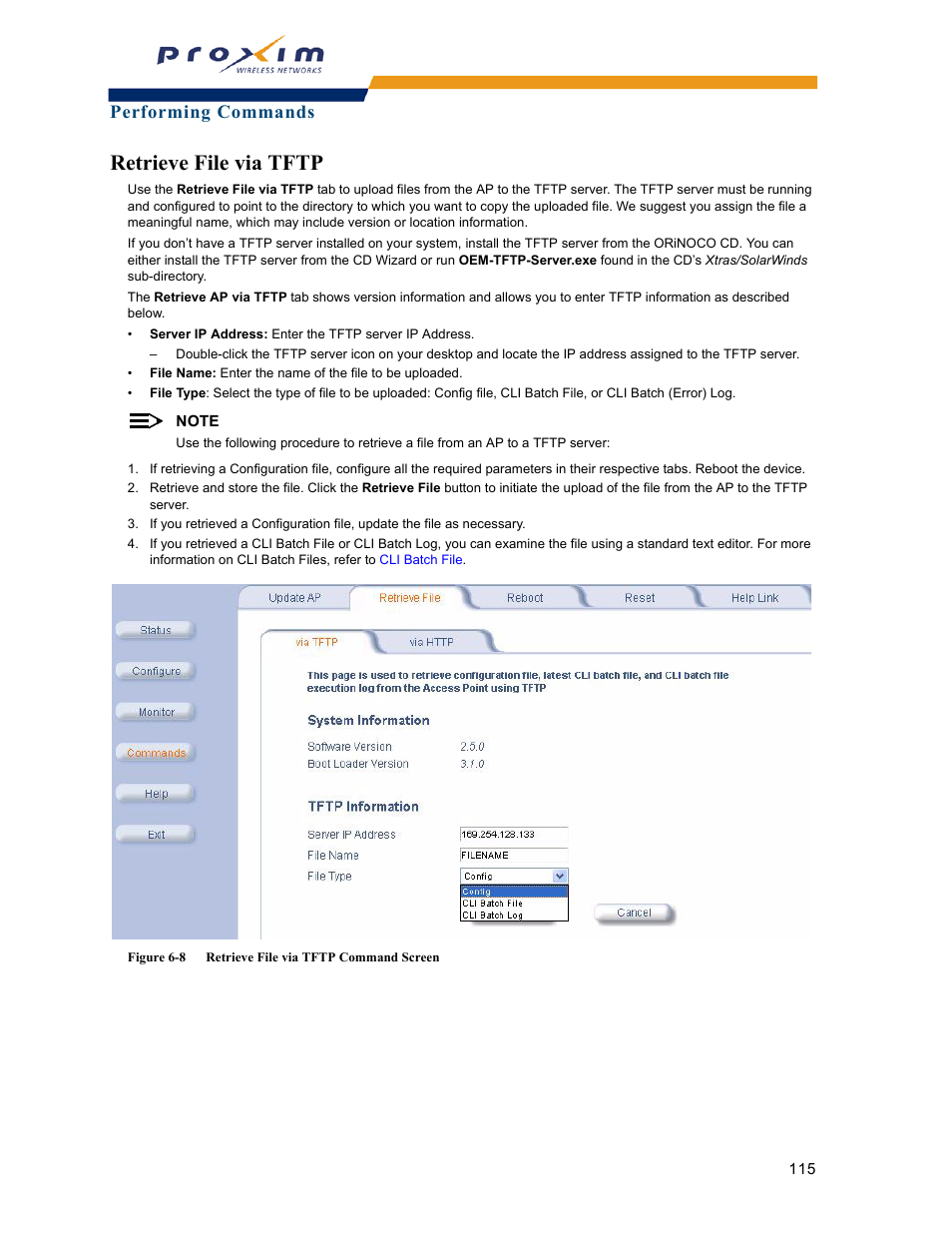 Retrieve file via tftp, Performing commands | Proxim ORINOCO AP-2000 User Manual | Page 115 / 244