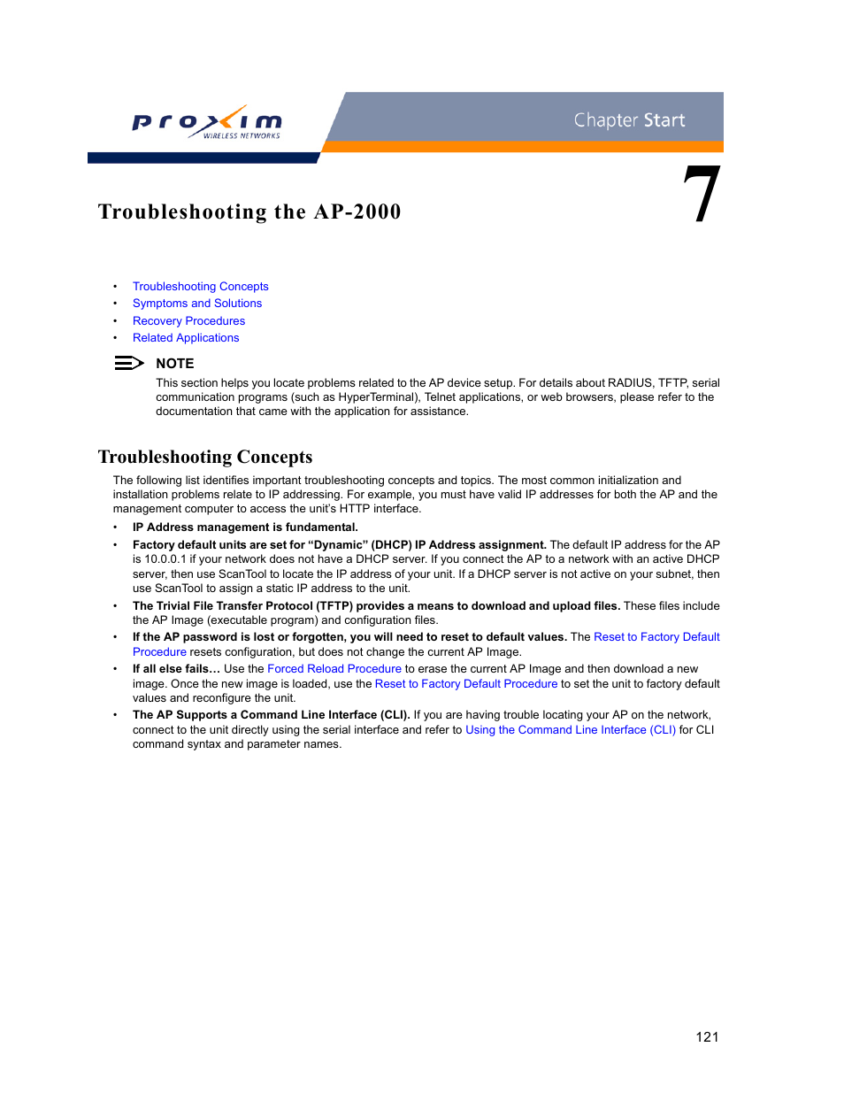 Troubleshooting the ap-2000, Troubleshooting concepts, 7 troubleshooting the ap-2000 | Proxim ORINOCO AP-2000 User Manual | Page 121 / 244