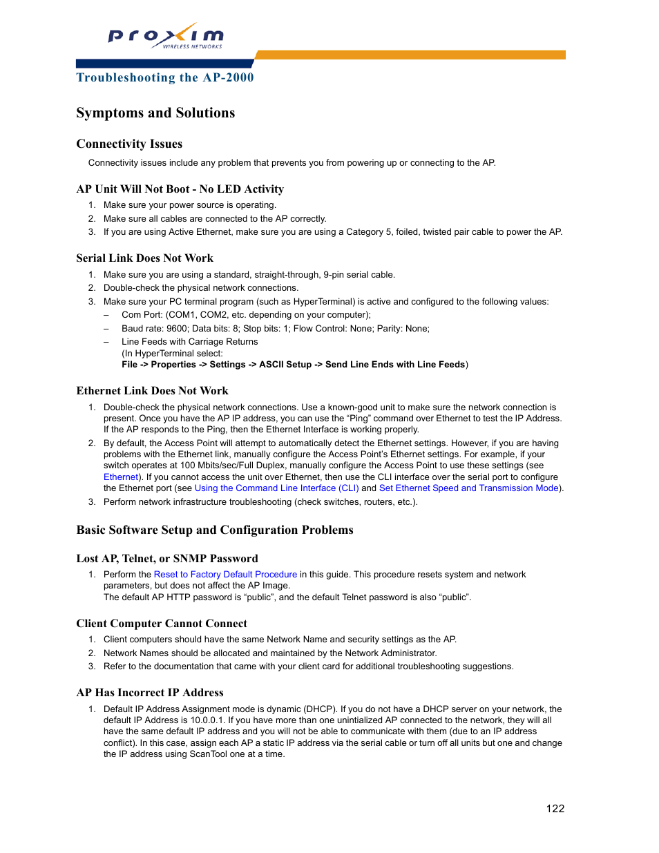 Symptoms and solutions, Connectivity issues, Basic software setup and configuration problems | Troubleshooting the ap-2000 | Proxim ORINOCO AP-2000 User Manual | Page 122 / 244