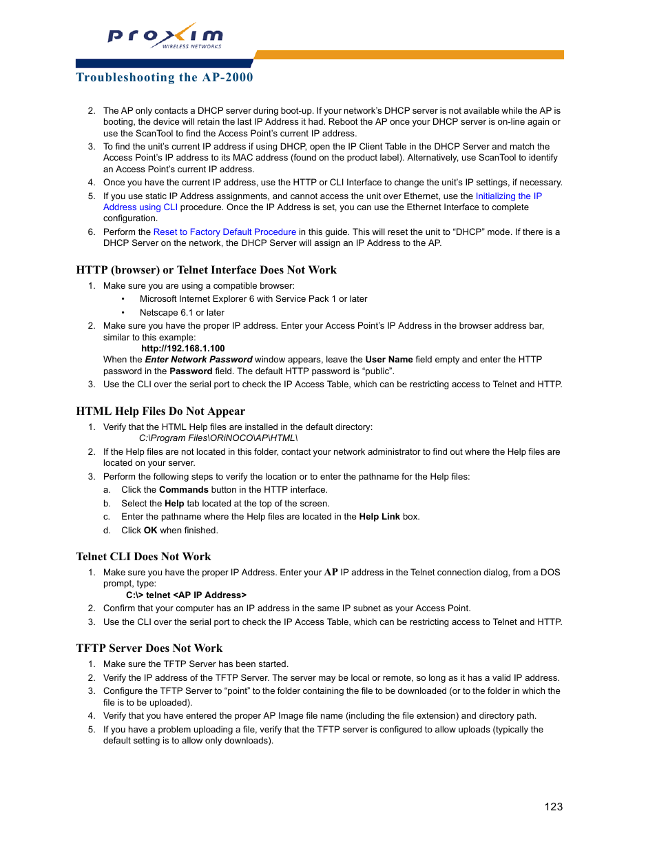 Troubleshooting the ap-2000, Html help files do not appear, Telnet cli does not work | Tftp server does not work | Proxim ORINOCO AP-2000 User Manual | Page 123 / 244