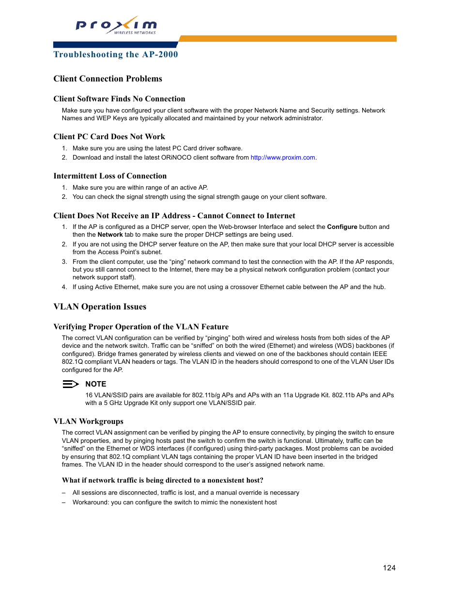 Client connection problems, Vlan operation issues, Ed (see | Proxim ORINOCO AP-2000 User Manual | Page 124 / 244