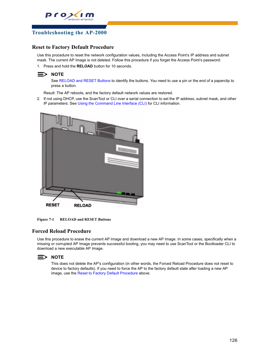 Reset to factory default procedure, Forced reload procedure, Reset to factory default | Procedure, To erase | Proxim ORINOCO AP-2000 User Manual | Page 126 / 244