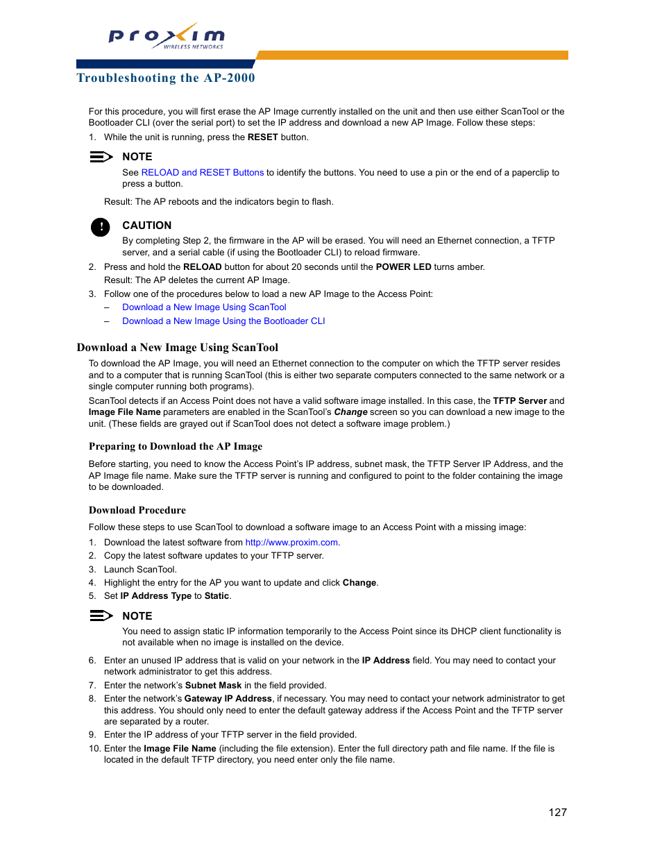 Download a new image using scantool, Troubleshooting the ap-2000 | Proxim ORINOCO AP-2000 User Manual | Page 127 / 244