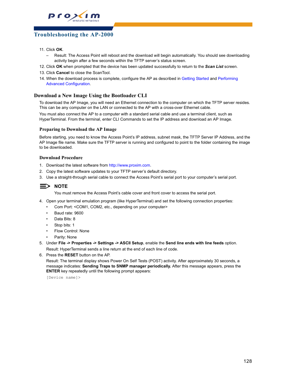 Download a new image using the bootloader cli, Troubleshooting the ap-2000 | Proxim ORINOCO AP-2000 User Manual | Page 128 / 244