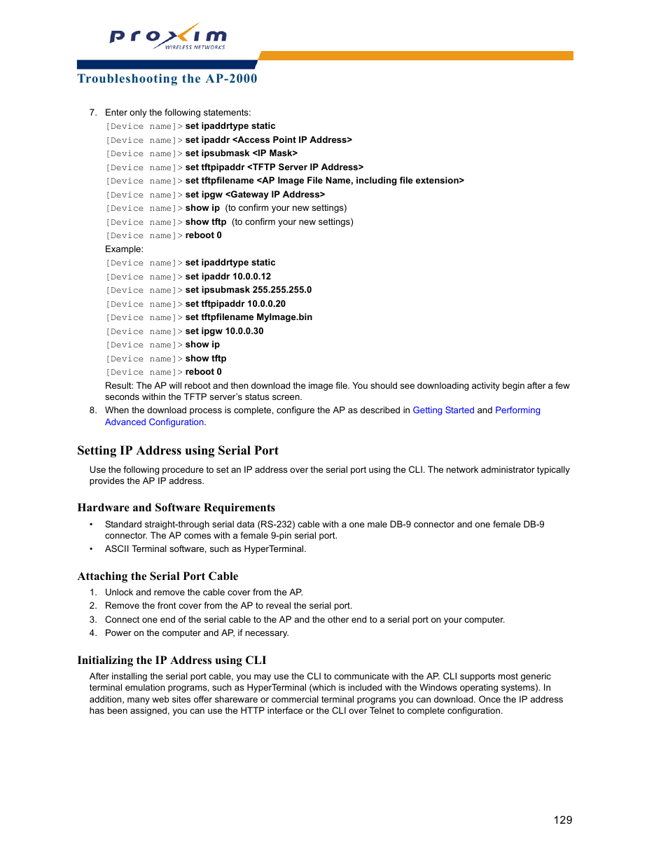Setting ip address using serial port, Setting ip address using, Serial port | Troubleshooting the ap-2000, Hardware and software requirements, Attaching the serial port cable, Initializing the ip address using cli | Proxim ORINOCO AP-2000 User Manual | Page 129 / 244