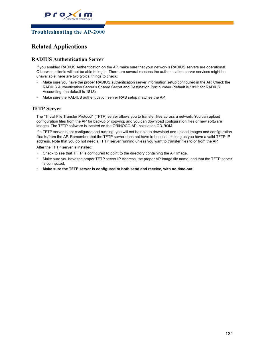 Related applications, Radius authentication server, Tftp server | Radius authentication server tftp server | Proxim ORINOCO AP-2000 User Manual | Page 131 / 244