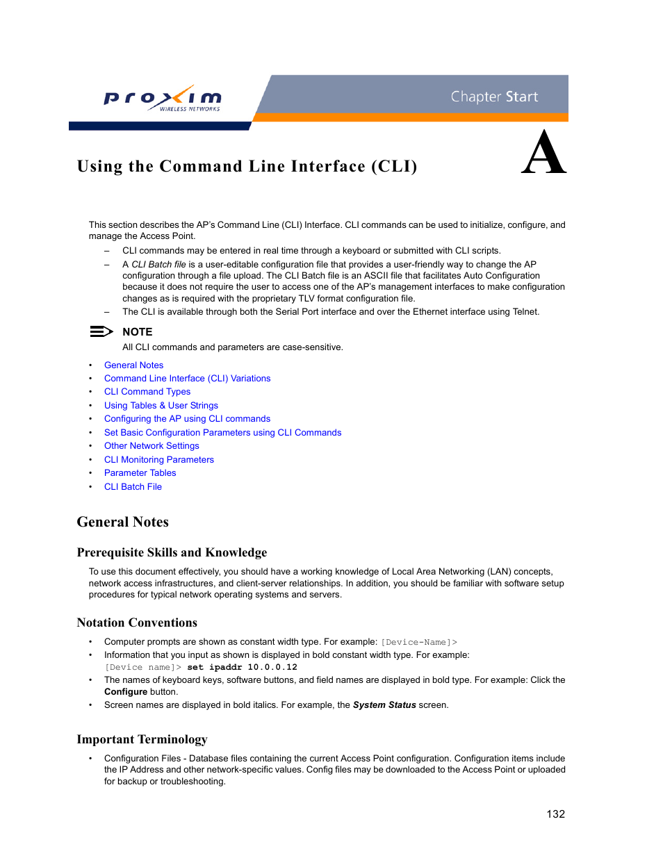 Using the command line interface (cli), General notes, Prerequisite skills and knowledge | Notation conventions, Important terminology, A using the command line interface (cli), Using the command line, Interface (cli) | Proxim ORINOCO AP-2000 User Manual | Page 132 / 244