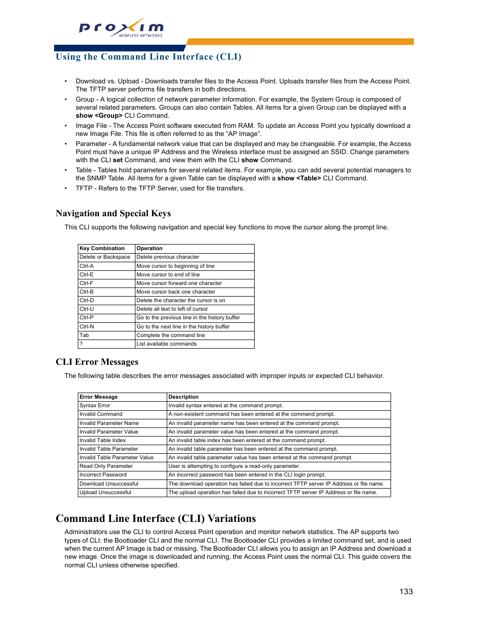 Navigation and special keys, Cli error messages, Command line interface (cli) variations | Navigation and special keys cli error messages, Using the command line interface (cli) | Proxim ORINOCO AP-2000 User Manual | Page 133 / 244
