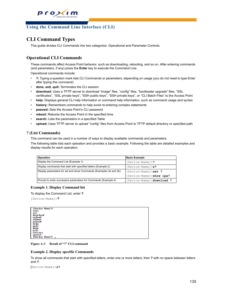 Cli command types, Operational cli commands, List commands) | Using the command line interface (cli) | Proxim ORINOCO AP-2000 User Manual | Page 135 / 244