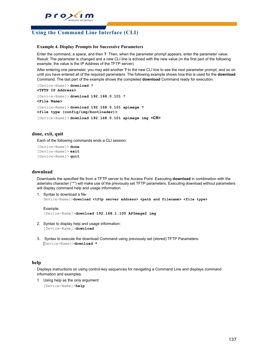 Done, exit, quit download help, Using the command line interface (cli) | Proxim ORINOCO AP-2000 User Manual | Page 137 / 244