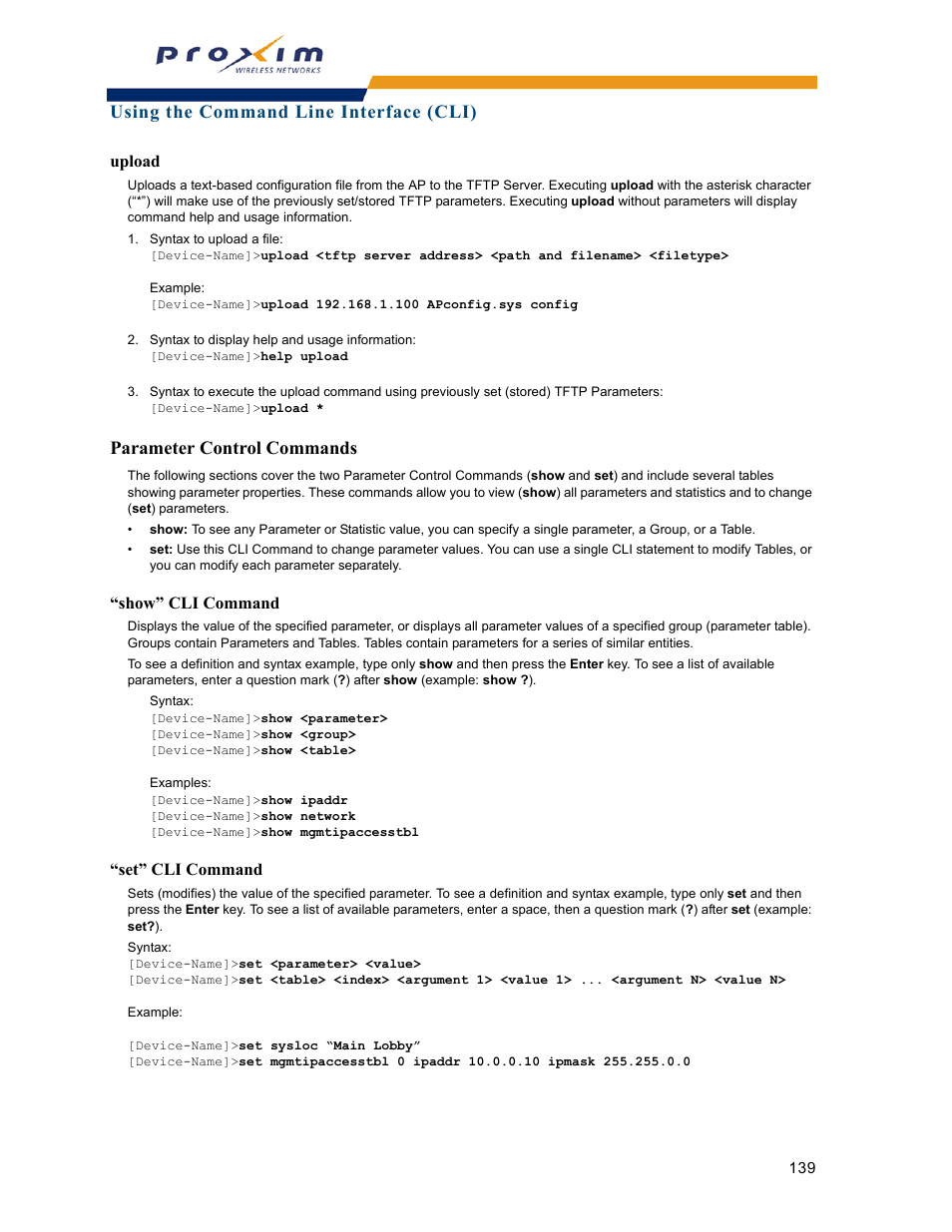 Parameter control commands, Upload, Show” cli command “set” cli command | Using the command line interface (cli) | Proxim ORINOCO AP-2000 User Manual | Page 139 / 244