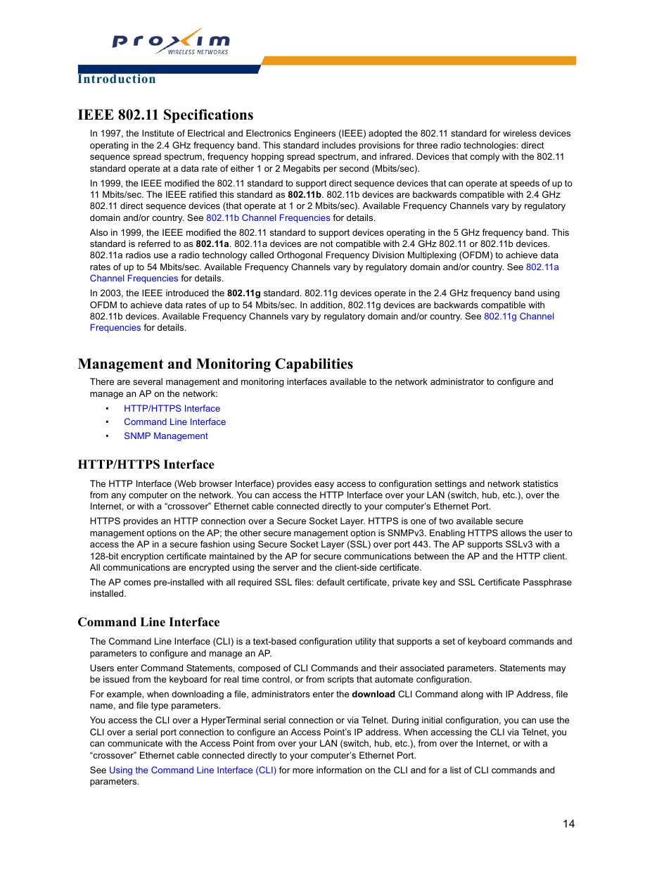 Ieee 802.11 specifications, Management and monitoring capabilities, Http/https interface | Command line interface, Http/https interface command line interface, Introduction | Proxim ORINOCO AP-2000 User Manual | Page 14 / 244
