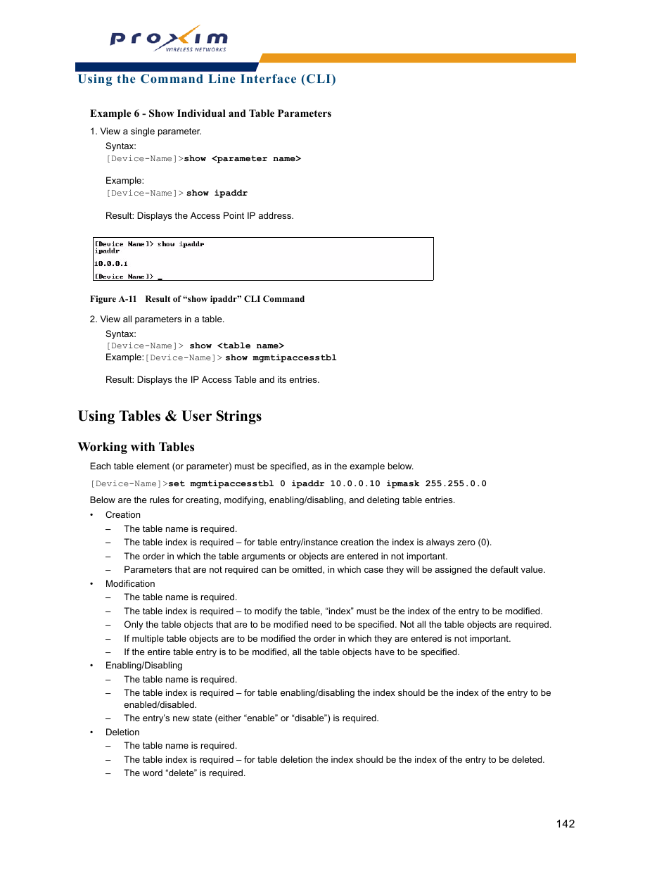 Using tables & user strings, Working with tables, Using the command line interface (cli) | Proxim ORINOCO AP-2000 User Manual | Page 142 / 244