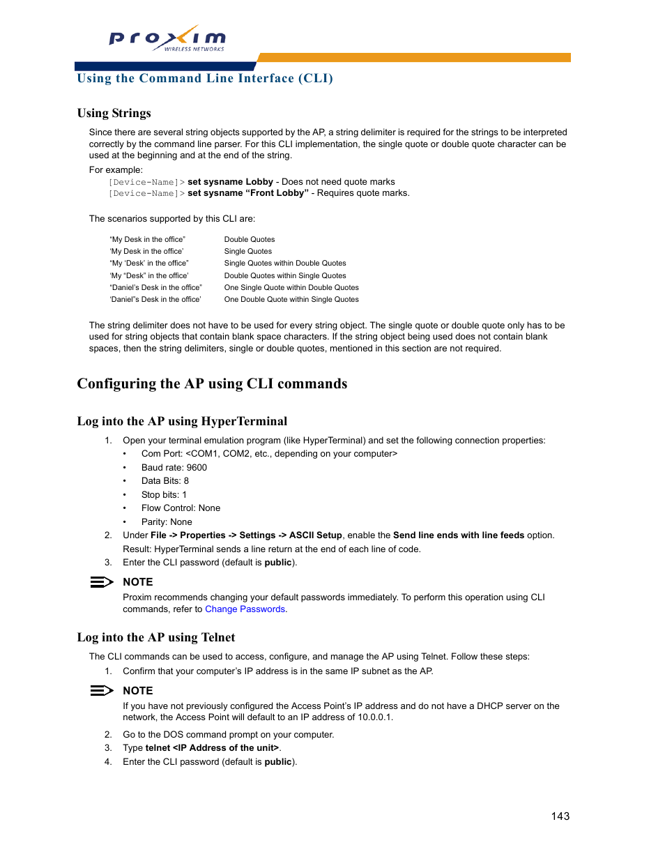 Using strings, Configuring the ap using cli commands, Log into the ap using hyperterminal | Log into the ap using telnet | Proxim ORINOCO AP-2000 User Manual | Page 143 / 244