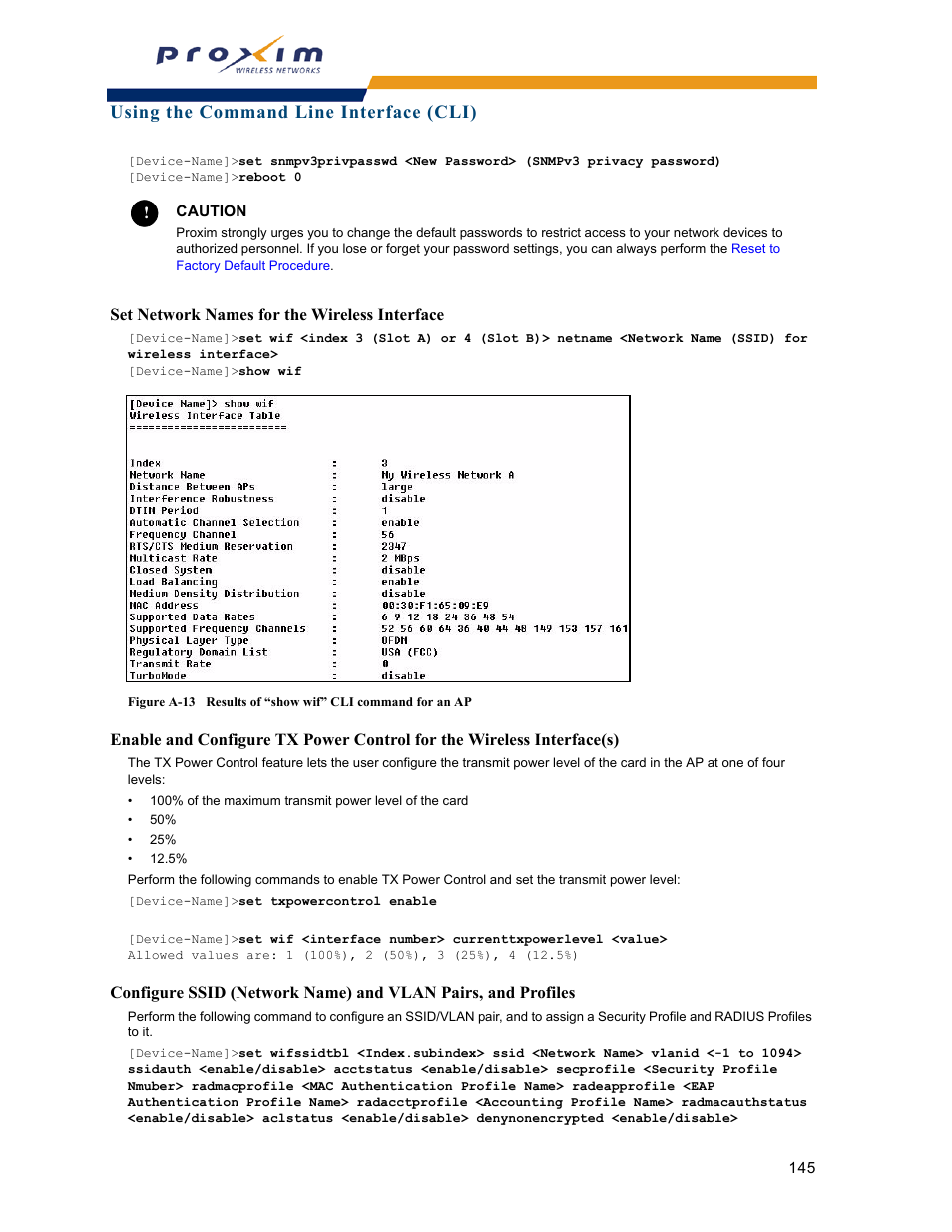 Set network names for the wireless interface, Using the command line interface (cli) | Proxim ORINOCO AP-2000 User Manual | Page 145 / 244