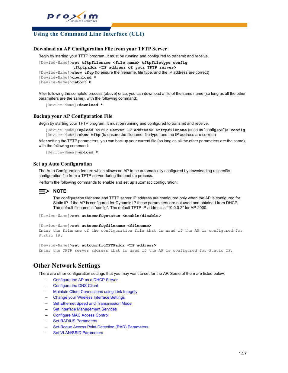 Other network settings, Set up auto configuration, Backup your ap configuration file | Using the command line interface (cli) | Proxim ORINOCO AP-2000 User Manual | Page 147 / 244